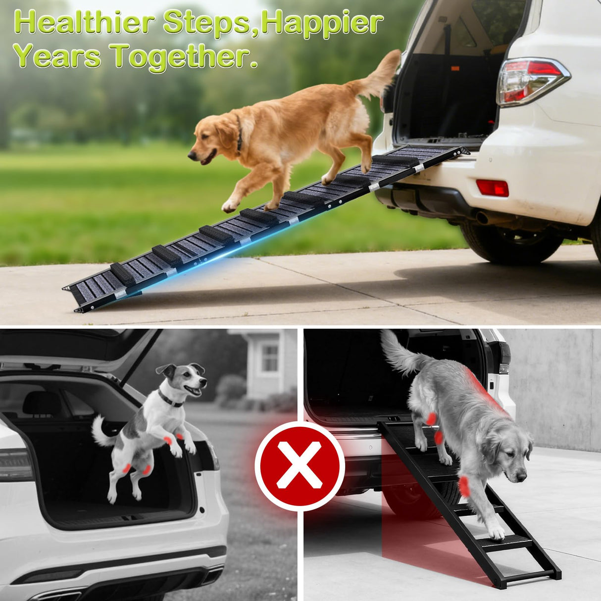 Dog Ramp for Car, SUV & Truck - Portable Pet Ramp Steps with Anti-Slip Ladder Non-Slip Surface, Extra Wide Steps for Large Dog Up to 250LBS, 55" L x 17.3" W Surface for SUV, Truck, Bed, Couch