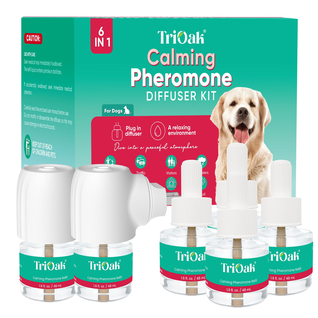 TriOak Calming Diffuser for Dog: Appeasing Dog Pheromones Calming Diffuser Plug in Kit for Separation Anxiety, Stress Chewing, Peeing Accidents, 2 Diffusers + 4 Refills (Teal)