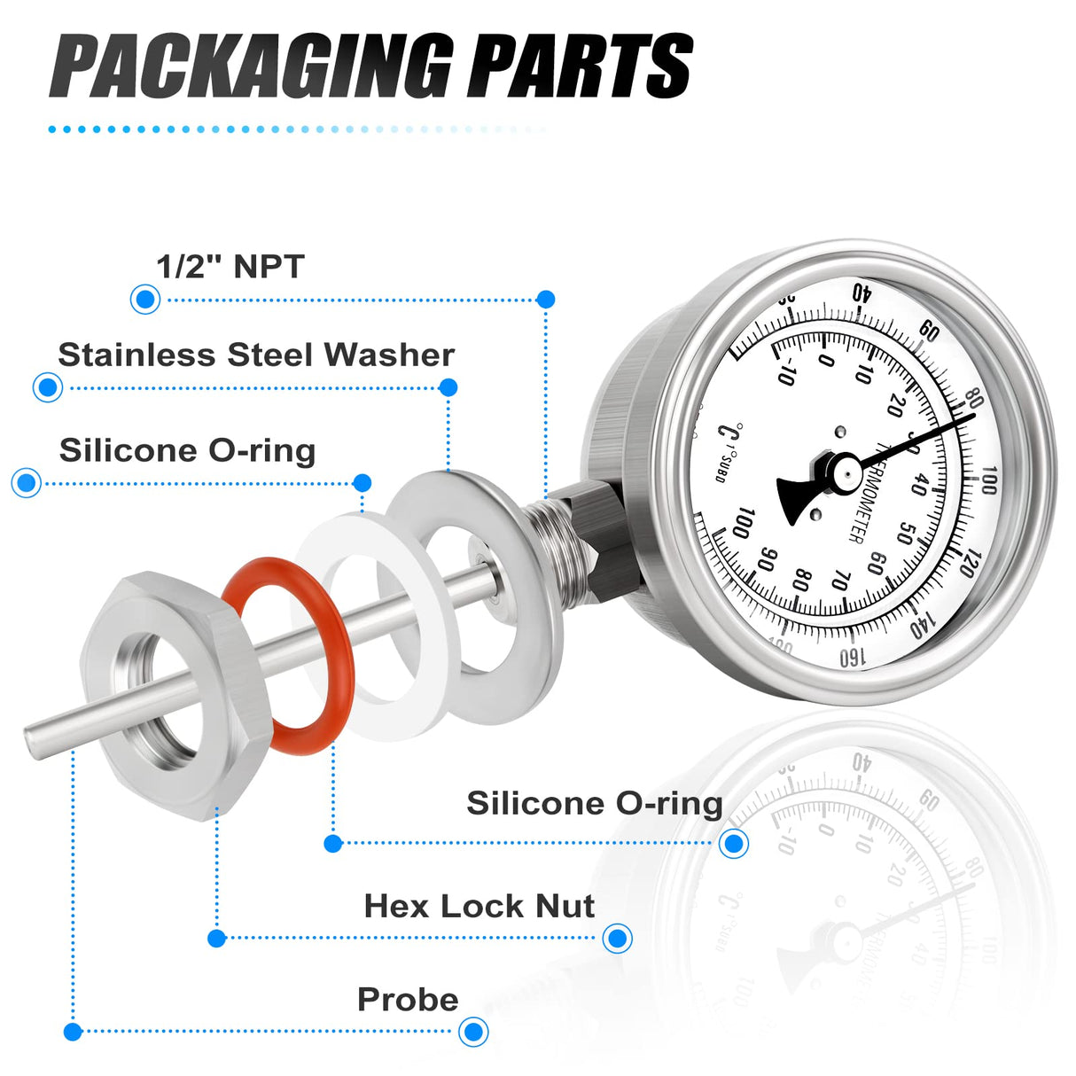 MEANLIN MEASURE 1/2" NPT Bimetal Thermometer for hot Water, boilers, and Pipes,3.3" Dial, 4.4" Stainless Steel Stem,Temperature Range 0-220°F/-10-100 ° C, Accuracy 2%,Lower Mount
