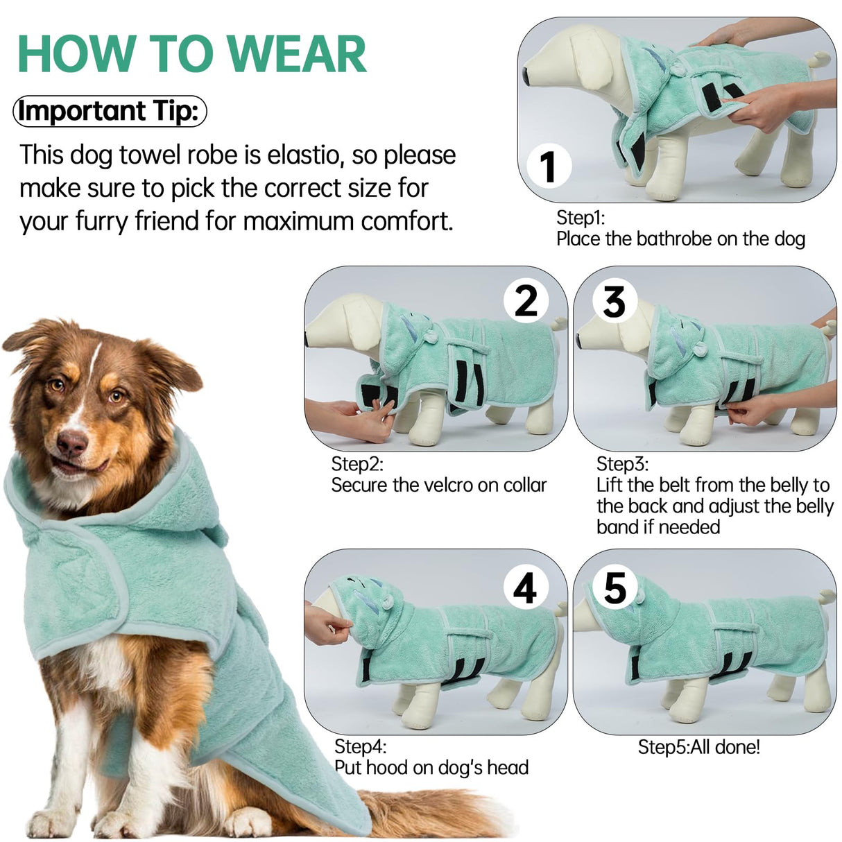 Dog Drying Coat, Microfibre Fast Absorbent Bath Towel With Magic Sticker & Belly Strap - Bathrobe for Puppy, Small, Medium, Large Dogs and Cats