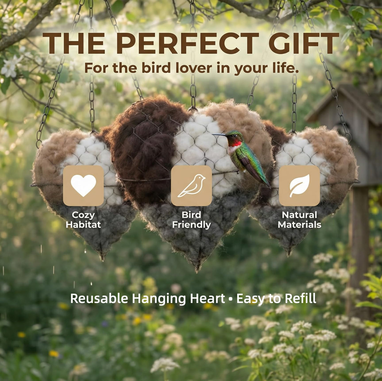 YINGBALHL Handmade Alpaca Fiber Bird Nesting Heart – Refillable Bird Haven with 2 Nesting Material Refill Bags – Eco-Friendly Hanging Nest for Hummingbirds & Wild Birds, Garden & Yard Décor (1Set)