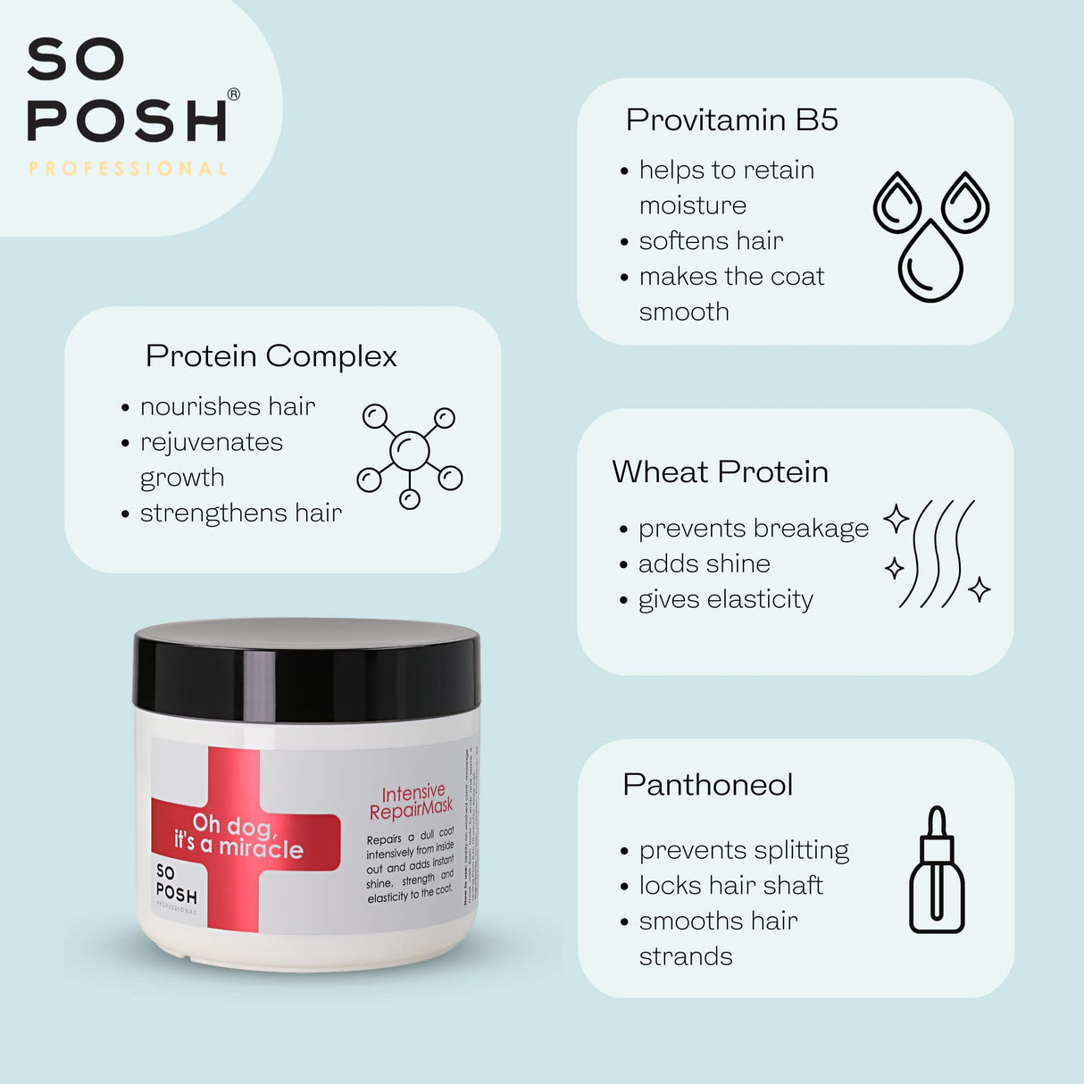 Oh Dog, It's a Miracle Coat Repair Mask - with Protein Complex & Vitamin B5, Suitable for All Breeds, Deeply Nourishing, Repairing & Strengthening, Silicone & Paraben Free. 16.9 Oz