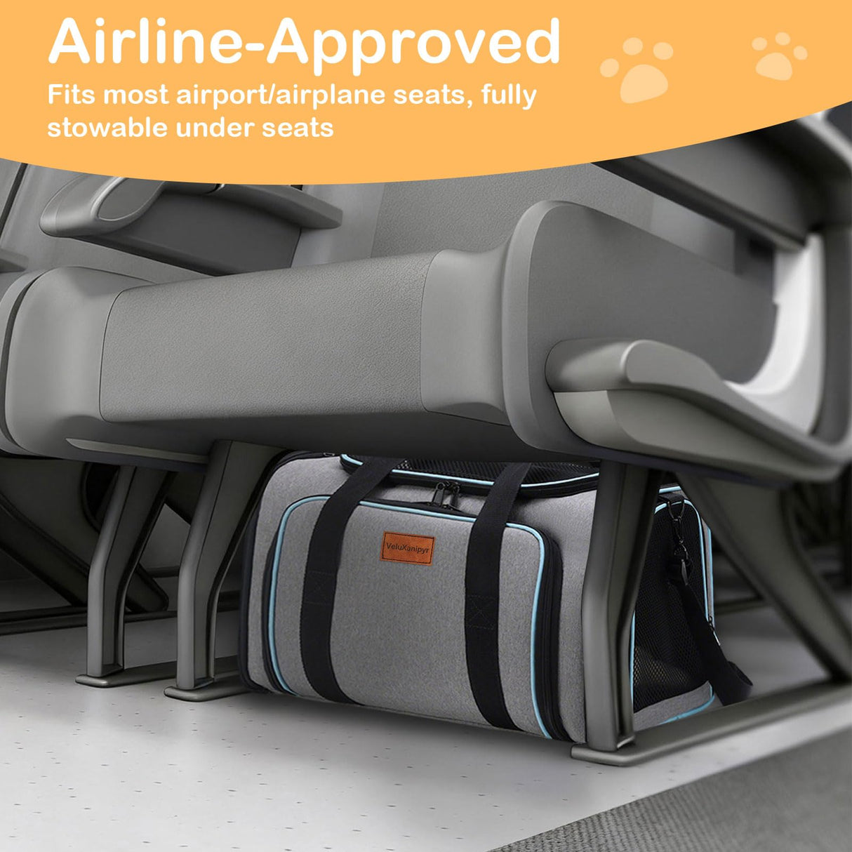 VeluXanipyr Expandable Airline Approved Pet Carrier, Soft-Sided Travel Bag for Small Cats Dogs with Hard Shell Base, Removable Fleece Pad, Ventilated Mesh, Gray (Blue Trim)