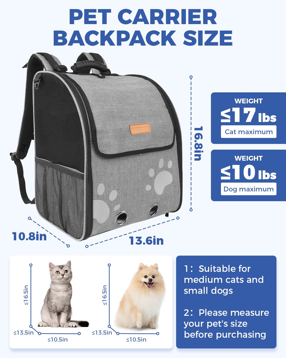 MOYSOON Cat Carrier Backpacks for Kitty Small Dog up to 15 lbs, Lightweight and Foldable Dog Backpack Carrier with Breathable mesh for Travel, Walking, Hiking, Camping and Vet (Grey)