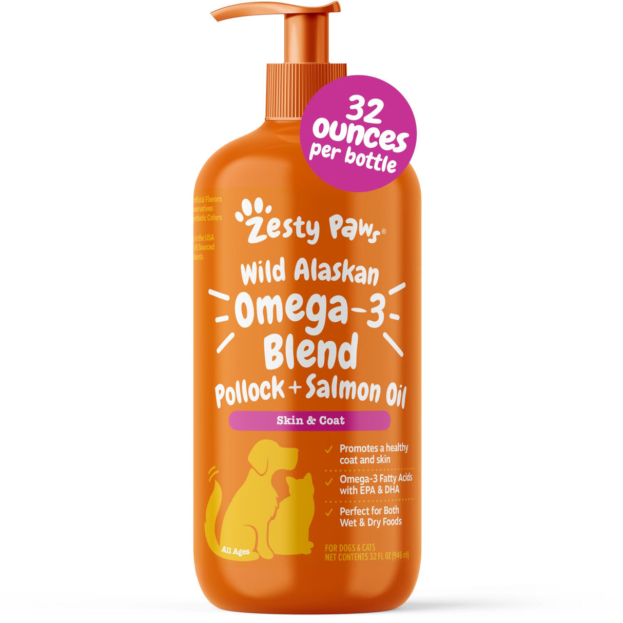 Zesty Paws Wild Alaskan Omega-3 Blend Pollock + Salmon Oil for Dogs and Cats- Skin and Coat Support, Omega 3 Supplement for Pets, 32oz