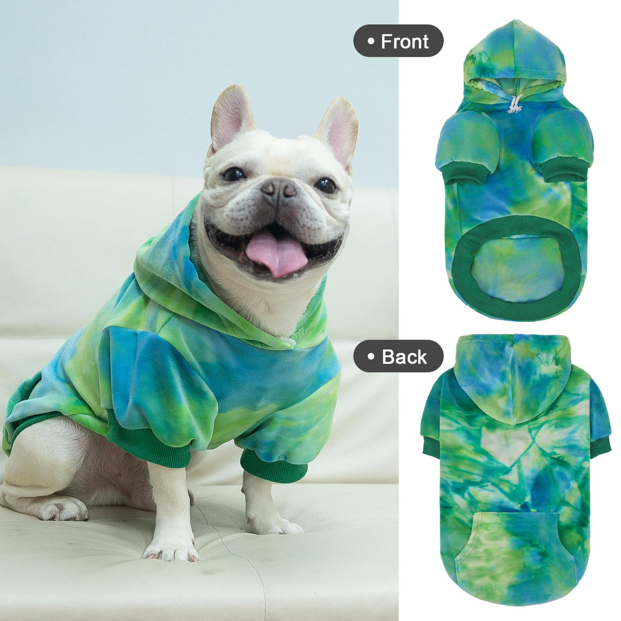 PAWCHIE Dog Hoodie for Small Dogs,Tie Dye Dog Cloth with Leash Hole,Puppy Sweatshirt, Pet Outfit, Cat Apparel,Blue Green,M
