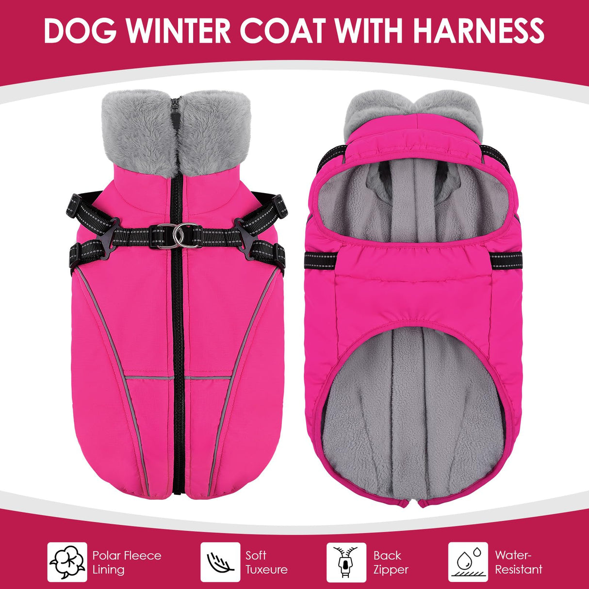 AOFITEE Dog Winter Coat, Waterproof Dog Jacket with Harness Built in, Warm Fleece Dogs Coats for Medium Dogs, Reflective Cozy Thermal Pet Puffer Jacket Snowsuit with Zipper & Furry Collar, Pink M