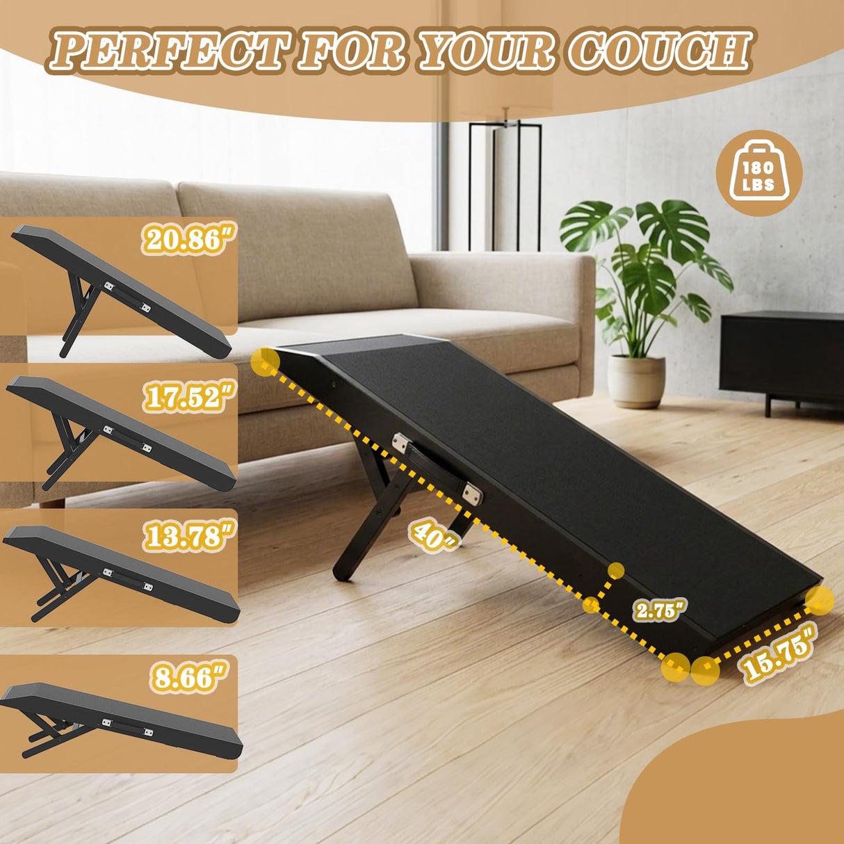 Dog Ramp for Couch, Birchwood Dog Bed Ramp for Small Dogs, 4-Level Adjustable (8.6"-20.9") Foldable Pet Ramp, Wide Non-Slip EVA Surface with Glow Strips, Solid Birchwood 200Lbs
