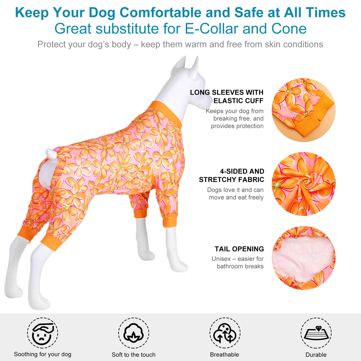 LovinPet Pj for Large Dog, Anti Licking Shirt, Wound Care Post Surgery Dogs Pajamas, Lightweight Stretchy Skin-Friendly Fabric, Orange Daisy Print, Large Dog Pjs, Use for Travel, Parties, Orange L