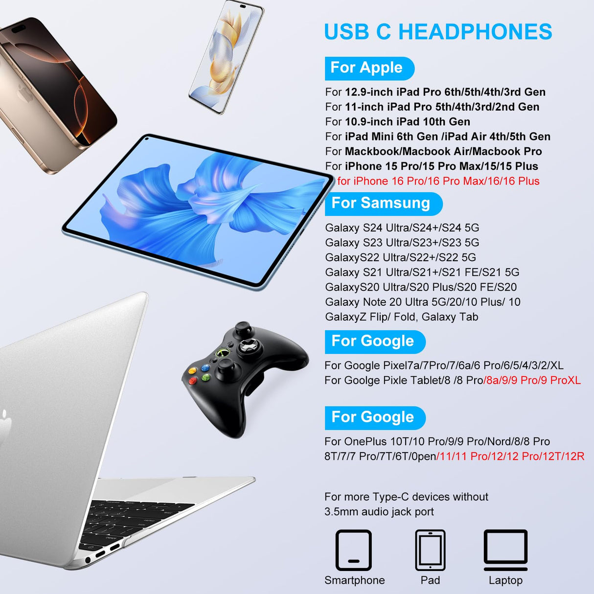Samsung Earbuds Wired USB C for Galaxy S26 S25 S24 Ultra/S24 FE/S23/S22/S21/S20,Type C Wired Headphones with Microphone Earphones for iPhone 17e/17 Pro/17 Air Pro Max/16/15,iPad,Pixel 10 9 8,One Plus9