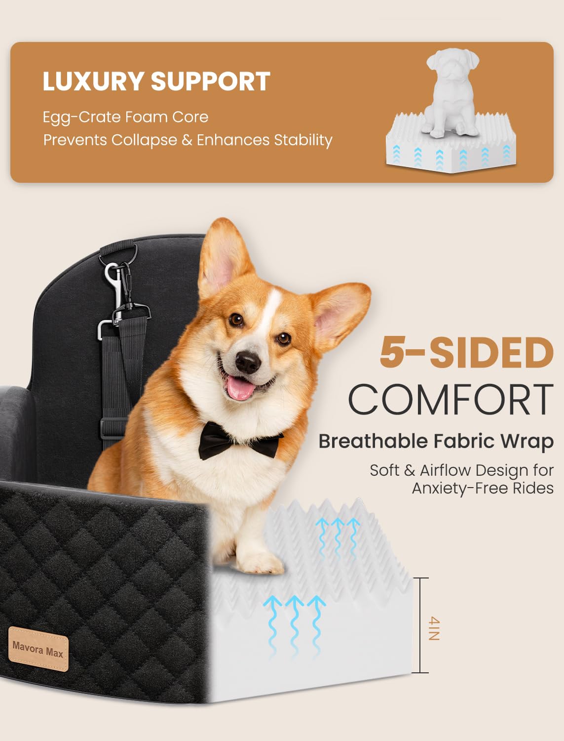 Mavora Max Dog Car Seat for Small/Medium Dogs, Elevated Dog Booster Seat Memory Foam Puppy Car Seat with Washable Cover, Travel Safety Pet Seat for Car with Storage Pockets Up to 35 lbs (Black)