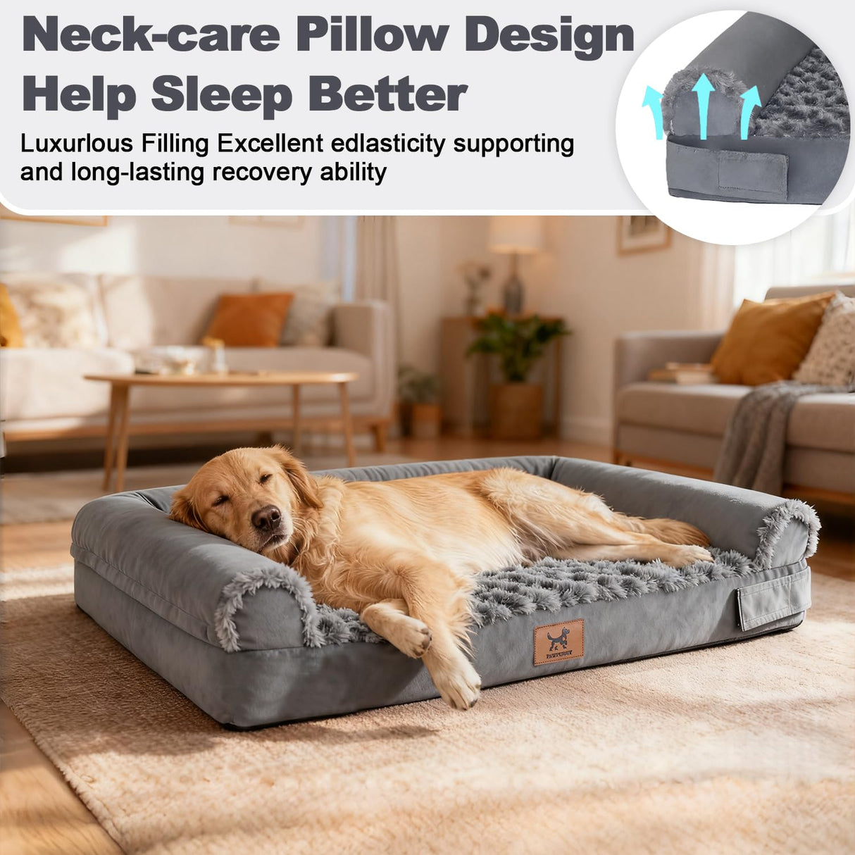 PAWPUBBY Orthopedic Dog Bed - Breathable Egg-Crate Foam Sofa Couch with Bolster, Water-Resistant Liner & Washable Rose Velvet - Ideal for Corgis, French Bulldogs, Dark Gray, L (35'' x 22'')
