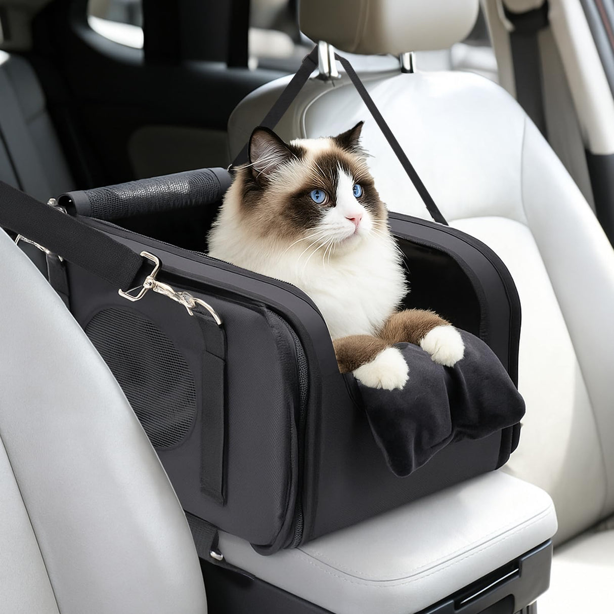 3 in 1 Cat Car Seat for Center Console – Portable Carrier for Shoulder Handle Car, Foldable Pet Armrest Booster Seat for Small Dogs & Cats (Up to 15lbs) | Puppy Seats with Cushion for Travel