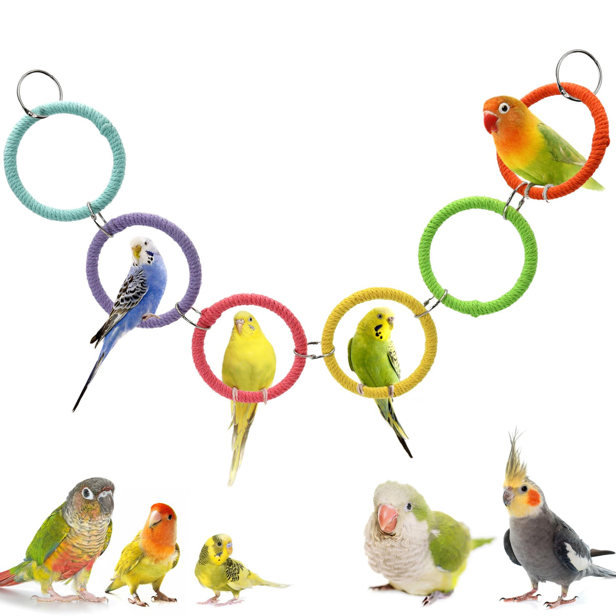 Jevnd 6-Ring Bird Swing Toy for Cage, Colorful Cotton Rope Perch for Parrots Soft Grip, DIY Adjustable Hanging Parakeet Toys, Interactive Multi-Bird Swing and Climb for Budgies, Lovebirds, Cockatiels