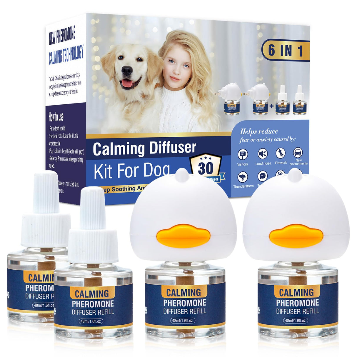 LKBHGF Dog Calming Pheromones Diffuser 6 in 1 Kit Appeasing Pheromone Diffuser to Calm (2 Plug in+4 x48ml Refill) for Anxiety Relief Reduce Aggression Fighting Barking Stress 120 Day Supply(Tasteless)