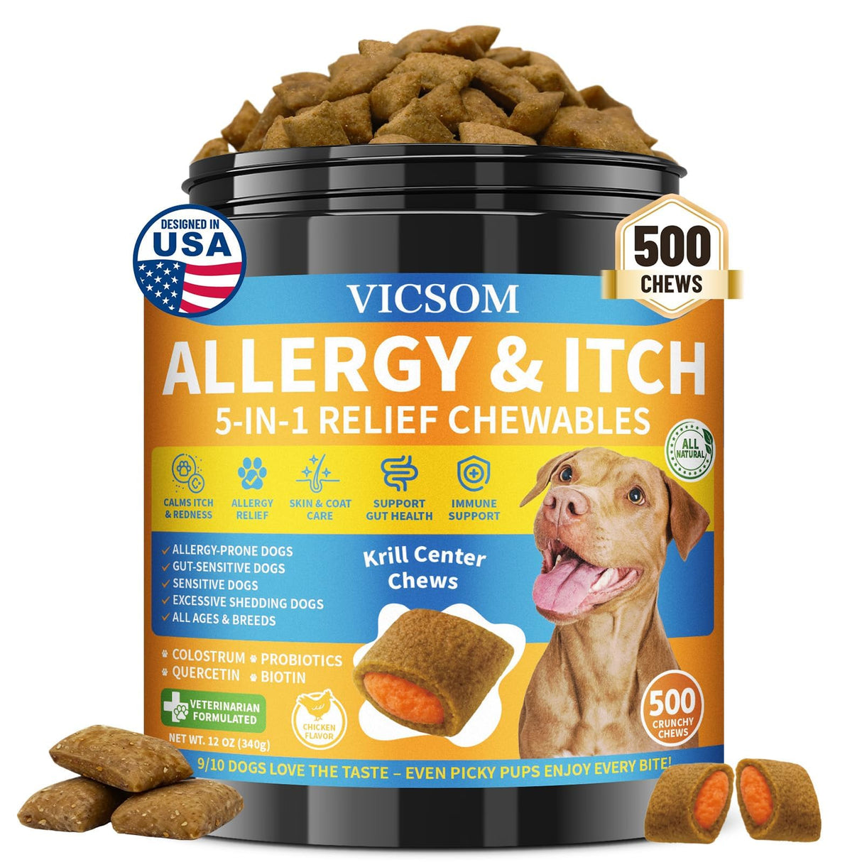 Dog Allergy Relief Chews, Dog Itching Skin Relief, 500 Crunchy Krill Center Seasonal Allergy Anti-Itch Chews, Itchy Ear & Paw Licking, Colostrum, Quercetin & Probiotics for Gut, Immune, Skin & Coat