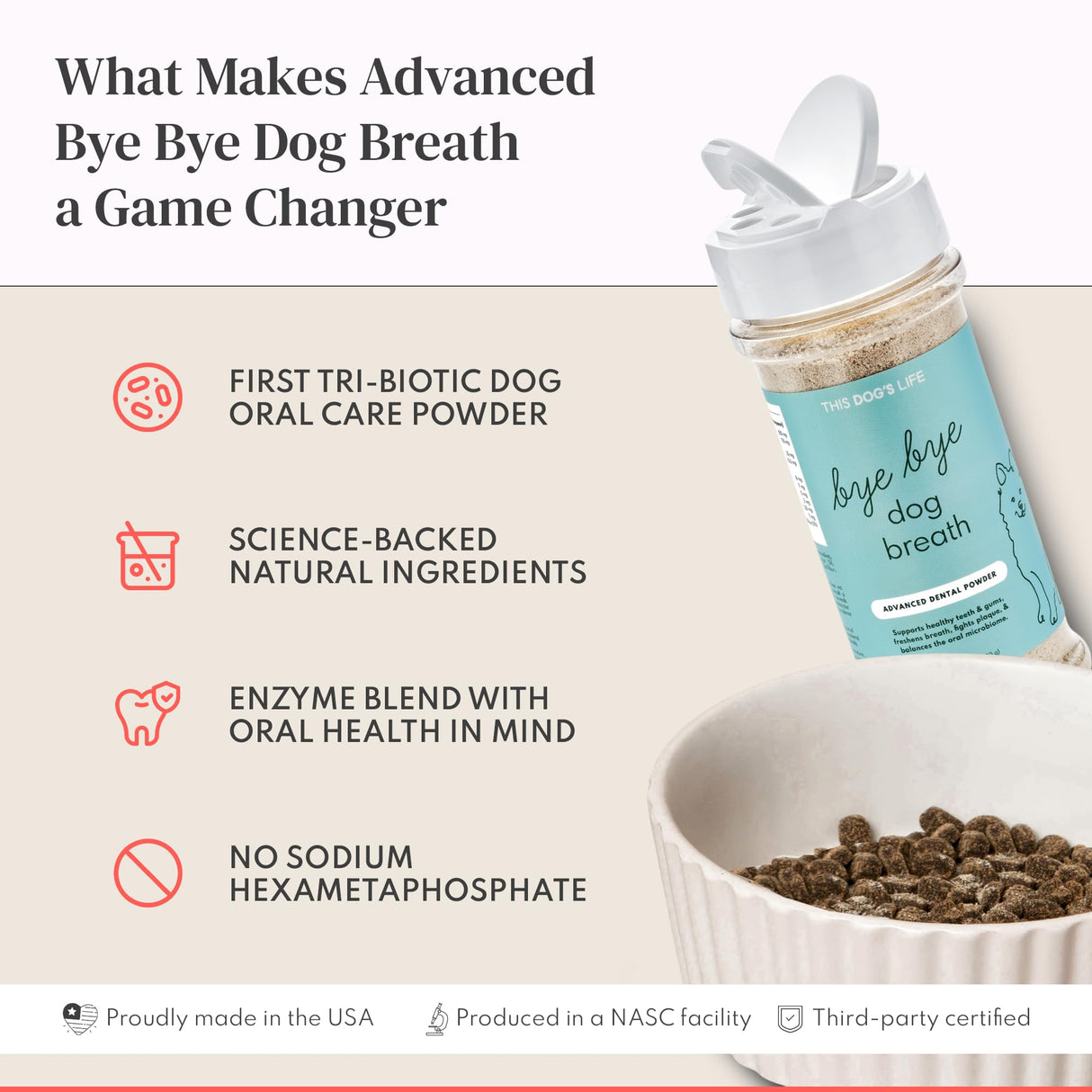 Dog Dental Powder – Vet Formulated - Cleans Teeth, Freshens Breath, Fights Plaque and Tartar – Natural Ingredients - 19 Active Ingredients - Oral Dog Probiotic - No Brushing - Made in USA