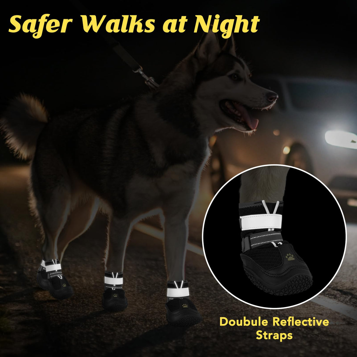 LUCKYPAW Dog Shoes for Large Medium Dogs, Breathable Dog Boots for Hot Pavement, Paw Protectors for Summer Walking Hiking Winter Snow Outdoor, Non Slip Reflective Booties for Hardwood Floor (Black, 4)
