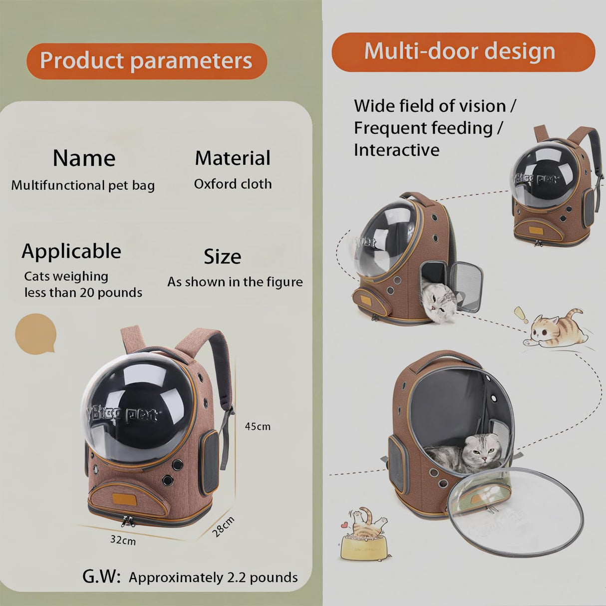 Cat Backpack Carrier, Breathable Cat Carrier Large Space Bubble Pet Backpack for Small Dog and large cat up to 18lbs, Transparent & Foldable Pet Carrier for Travel Hiking (Brown)
