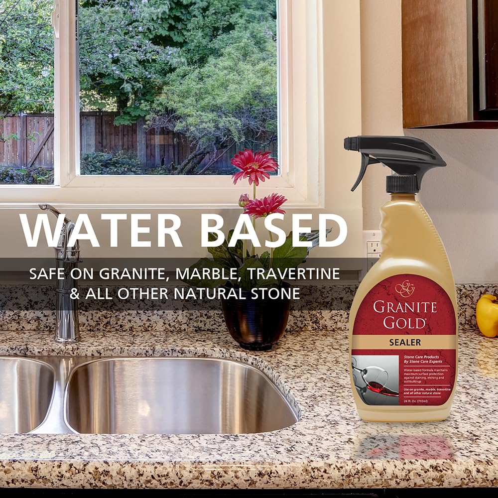 Granite Gold Water-Based Sealer Spray Protection for Granite, Marble, Travertine, Natural Stone Countertops, 64 Fluid Ounces and 24 Fluid Ounces