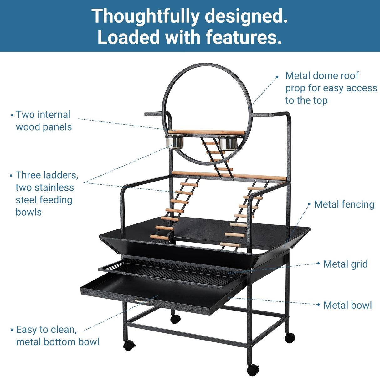 Bird Playstand, 66 in H Inch Birdcage Stand Activity Play Center with Perches and Ladders, Removable Tray, Indoor Outdoor Playground for Parakeet, Cockatiels Conures Parrots, Lockable Caster, Black
