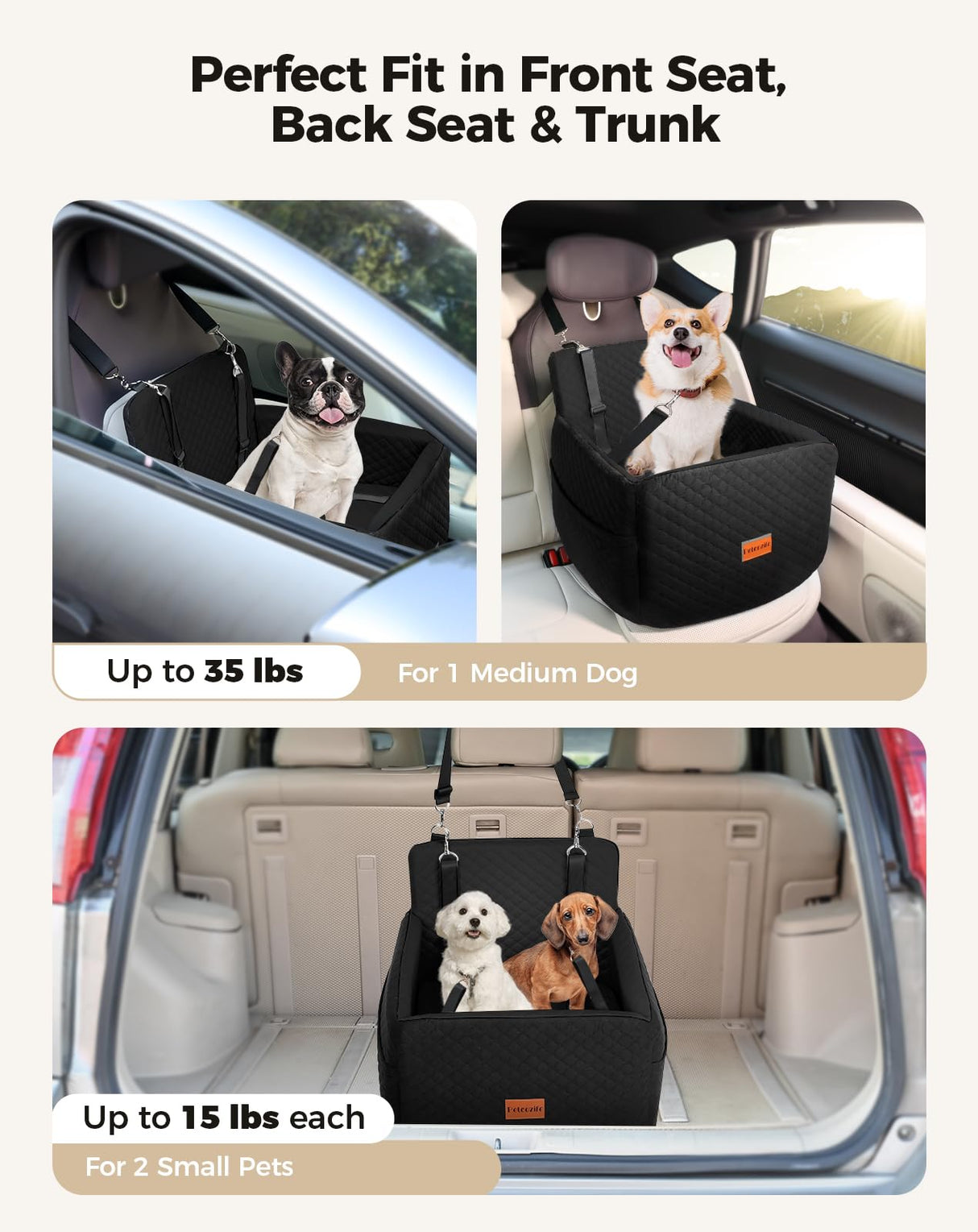 Petcozife Dog Car Seat for Small & Medium Dogs Under 35lbs, Detachable & Washable Pet Car Seat, Interior Height 6 Inches Pet Travel Bed with Storage Pockets and 2 Dog Safety Belts (Black)