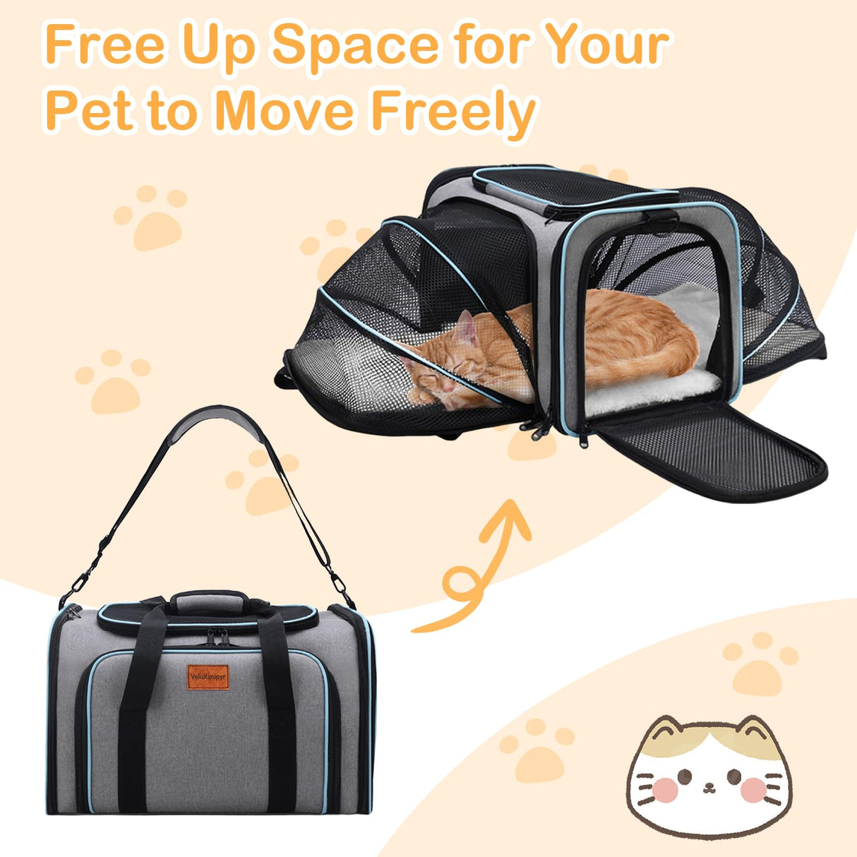 VeluXanipyr Expandable Airline Approved Pet Carrier, Soft-Sided Travel Bag for Small Cats Dogs with Hard Shell Base, Removable Fleece Pad, Ventilated Mesh, Gray (Blue Trim)
