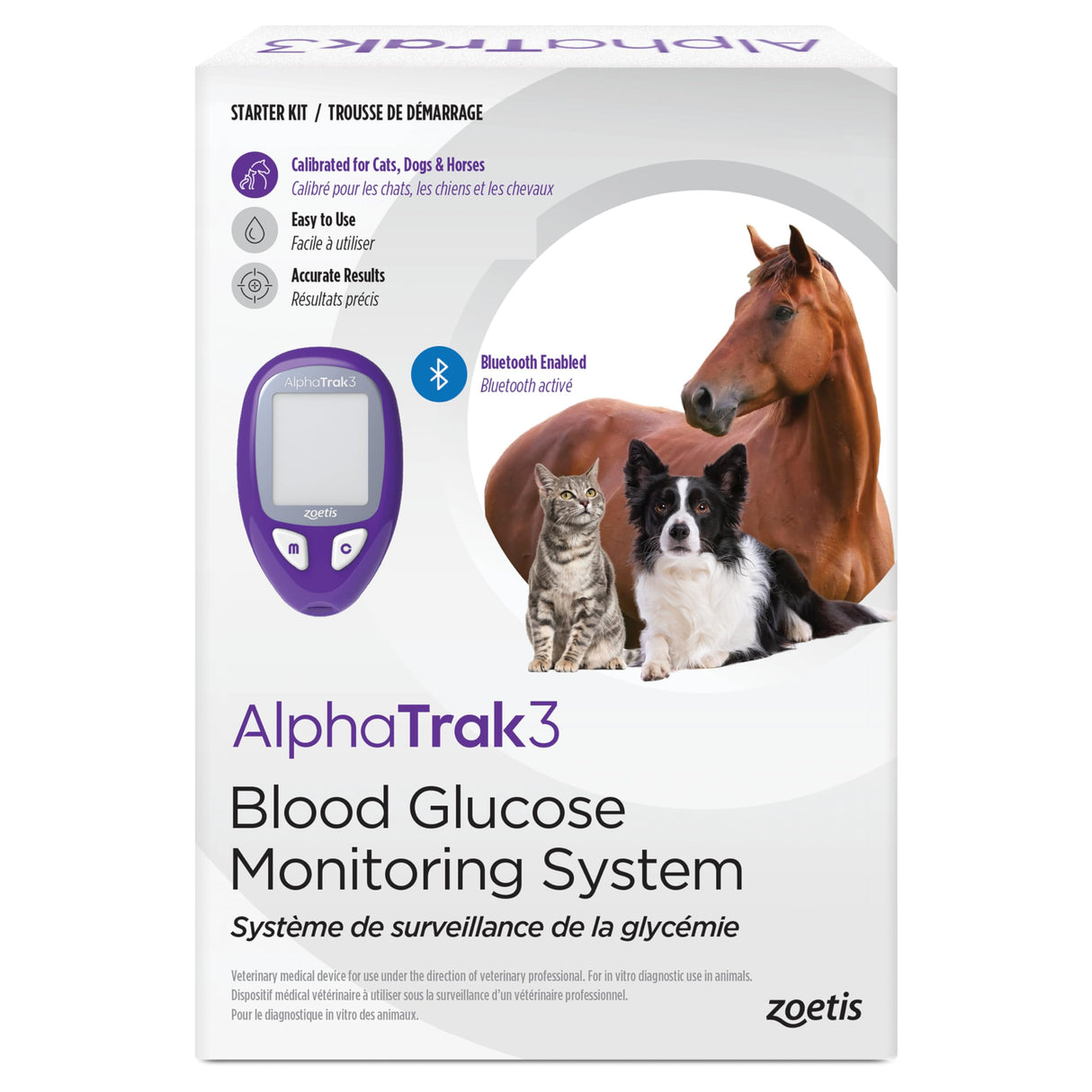 AlphaTrak 3, 8 Piece Pet Blood Glucose Monitoring Kit for Diabetic Cats, Dogs, and Horses All-in-One Solution for in-Clinic Or at Home, with Digital Results, Purple
