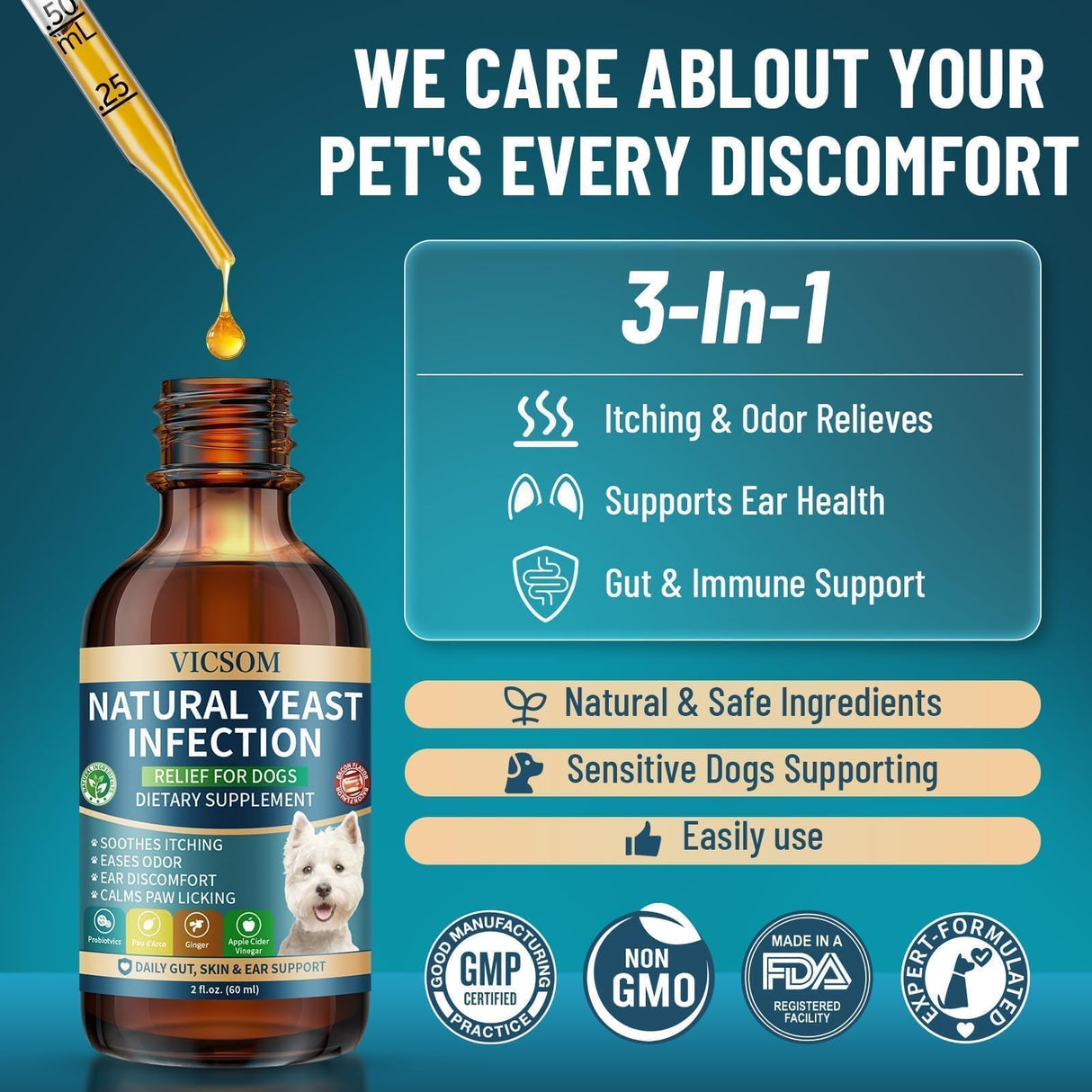 VICSOM Natural Dog Yeast Infection Treatment for Dogs, Itchy Skin & Ear Treatment Natural Support Allergy Relief, Dog Yeast Infection Relief, Support Irritation, Itching & Inflammation 60ml