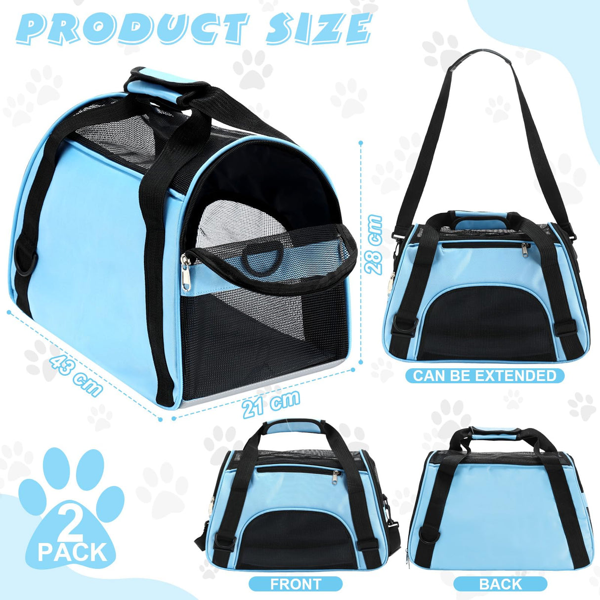 Clysee 2 Pcs Pet Carrier, Soft Sided Pet Travel Carrier for Cats, Airline Approved Kitty Portable Dog Bags for Traveling Little Dogs, Rabbits, Puppy, Cat(S,Blue)