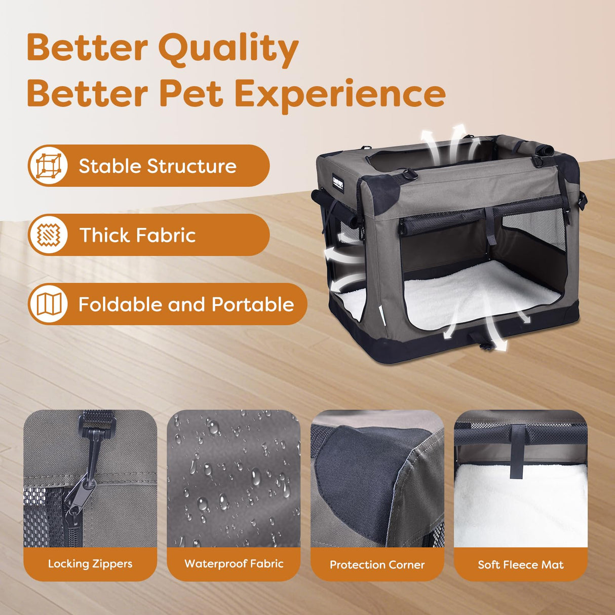 JESPET Soft Dog Crates Kennel, 3 Door Soft Sided Folding Travel Pet Carrier with Straps and Fleece Mat for Dogs, Cats (Dark Grey, X-Large(36" L x 24" W x 27" H))