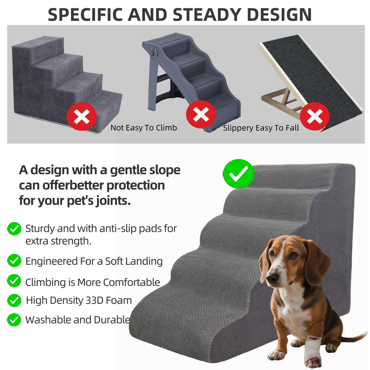5 Step Pet Stairs Ramp for High Beds Sofas 23-30 Inch with Sturdy Non Slip Waterproof Pads, Machine Washable Cover Indoor Balanced Design for Cats Dogs Small Medium Large XL Pets Pink, Large