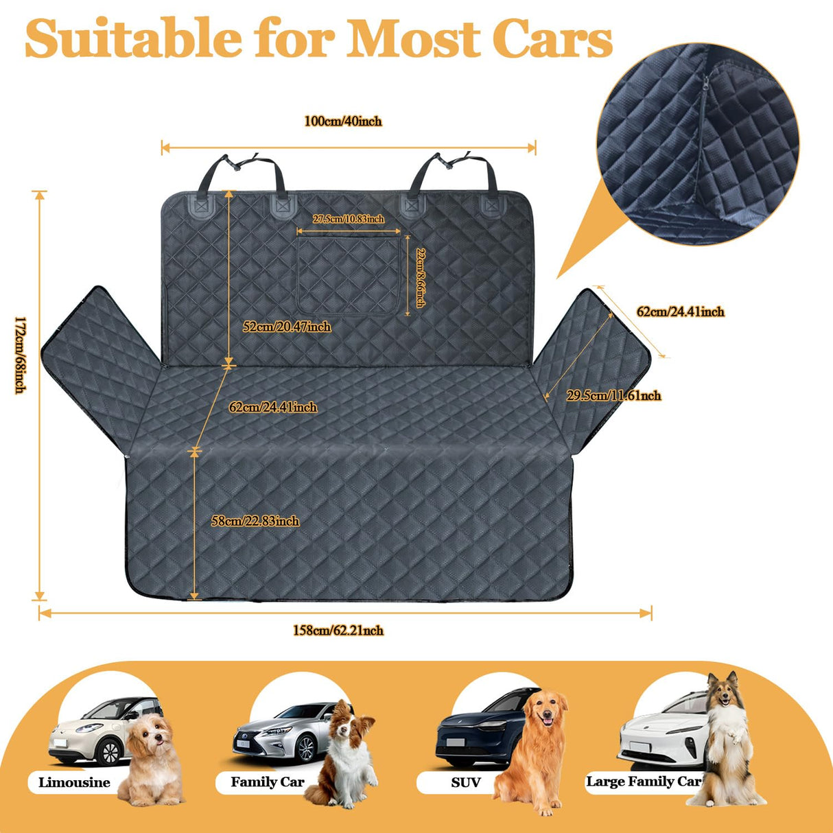 HCCW SUV Cargo Liner for Dog Car Seat Cover Waterproof Pet Cargo Cover Nonslip Dog Seat Cover with Bumper Flap Protector for SUV Trunk Sedans Vans(70L”*40W“)