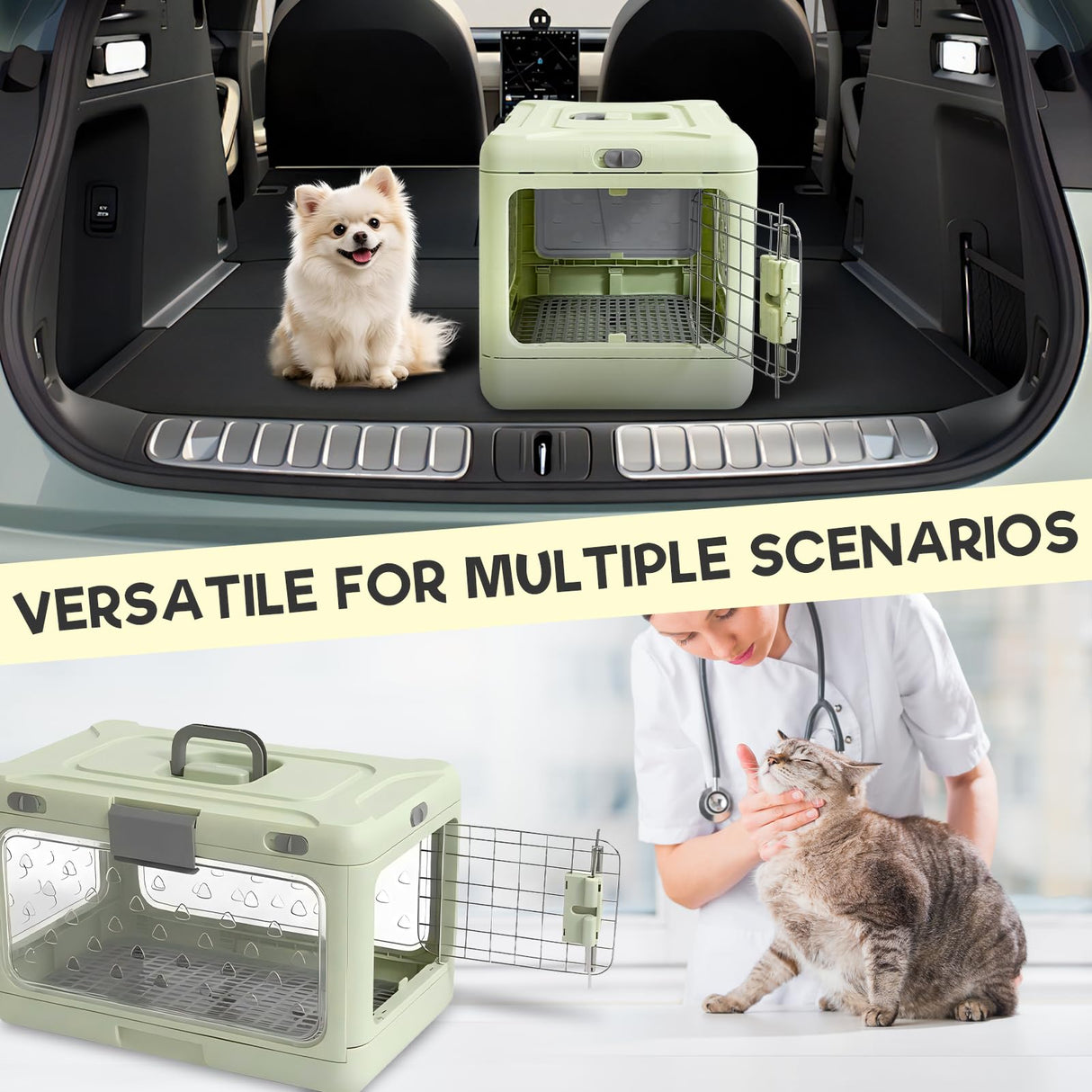 Velupet Zoom Hard Cat Carrier,Dog Crate for Small Dogs,Cat Kennel Clear,Foldable Dog Kennel with Urine Pad Mesh Grid,Ventilation & Hard Plastic Protection Transparent Pet Carrier 20" L,Green