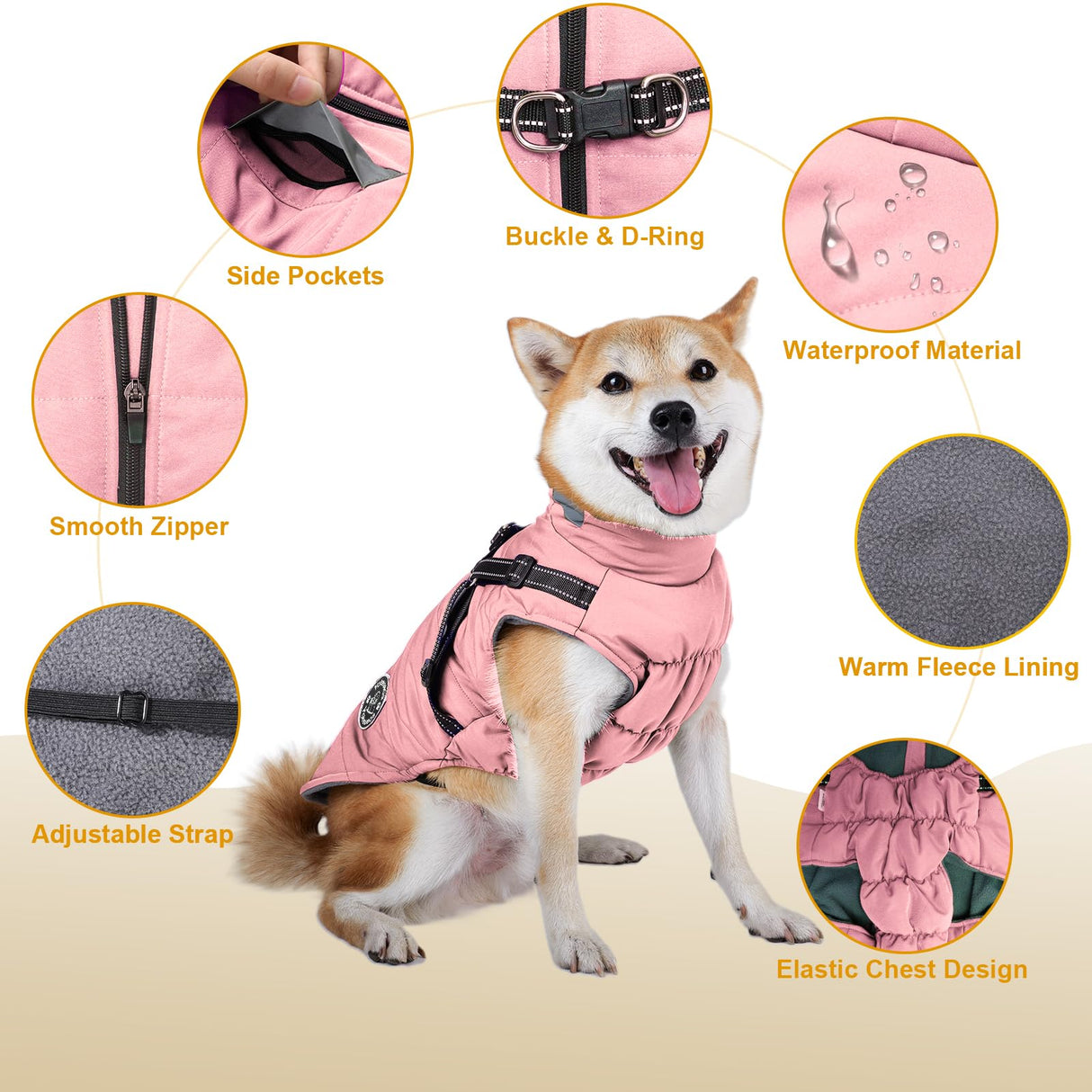 Warm Dog Jacket - Fleece Coat with Built-in Harness, Waterproof Vest, Reflective Stripes, Pink XL