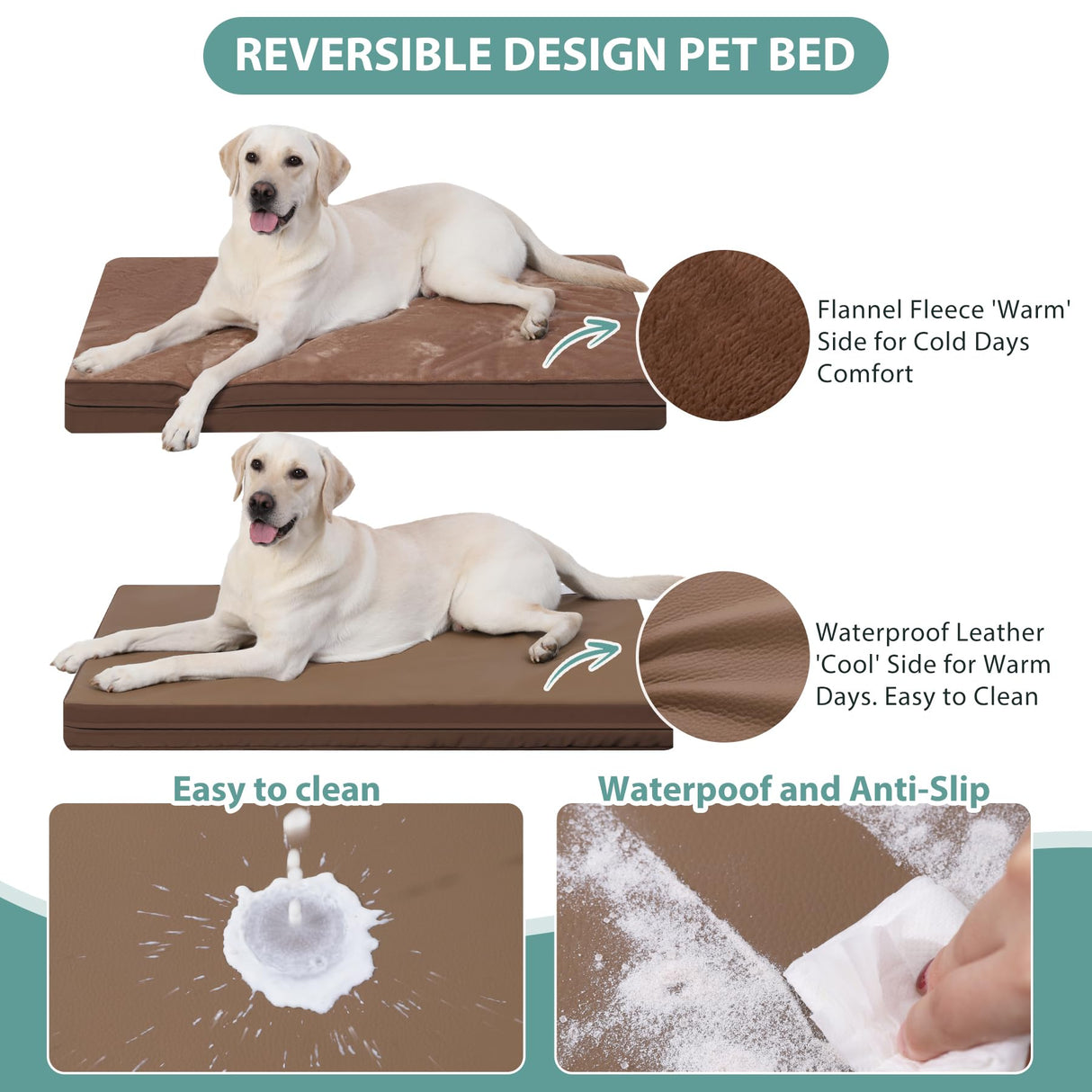Waterproof XXL Dog Beds Large Sized Dog, Orthopedic Washable Crate Pad 48 inch, Jumbo XXLarge Foam Pet Bed with Removable Cover Reversible, Anti-Slip Kennel Pad, 47"x29", Brown