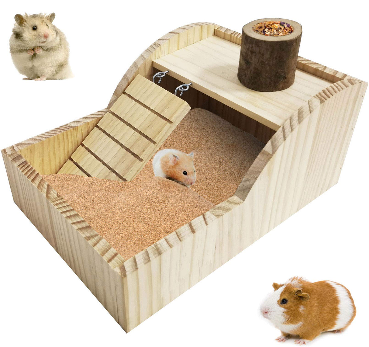 kathson Hamster Sand Bath Box Wooden Small Animals Shower Room Chinchilla Digging Sand Bathtub Container with Climbing Ladder Bowl for Dwarf Syrian Mice Mouse Gerbils Hedgehog
