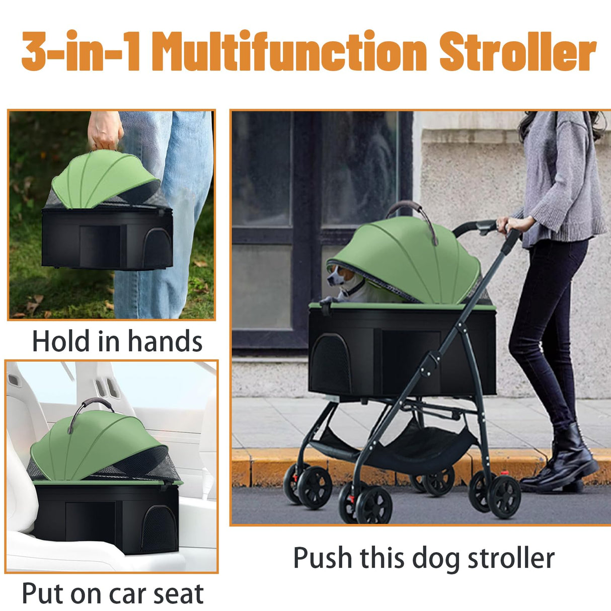 ZHUOKECE 3-in-1 Pet Dog Stroller, Dog Wagon with Removable Carrier, Cat Stroller for Medium Dogs Up to 55lbs (Green)