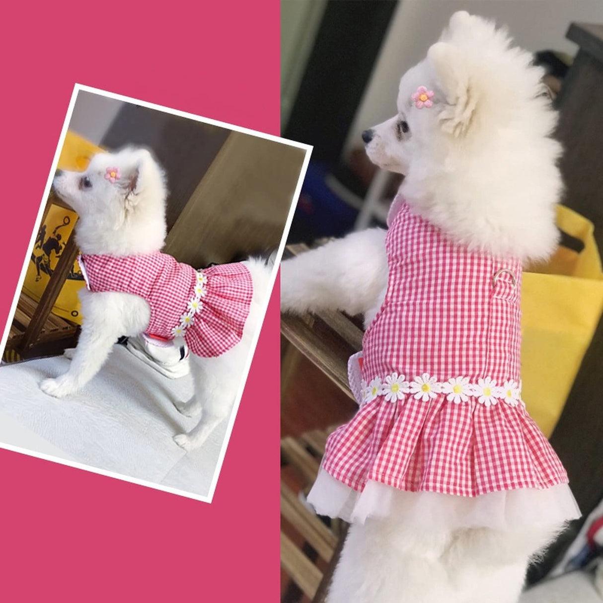 Small Dog Dress with Leash Set Adjustable Dog Harness Dress with D Ring Breathable Walk Doggie Outfits for Puppy Girl and Cat (S,Pink)