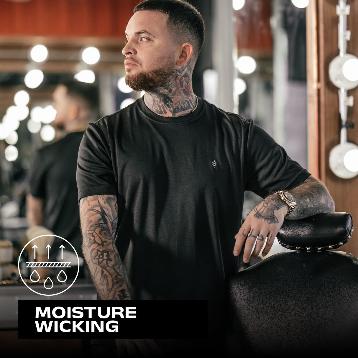 Barber Strong The Barber Tech Tee, Men's Black, Hair Repellent, Ultra Lightweight T-Shirt with Breathable Vented Side Panels, Moisture-Wicking 4-Way Stretch Fabric, Size Medium, Great for Pet Grooming