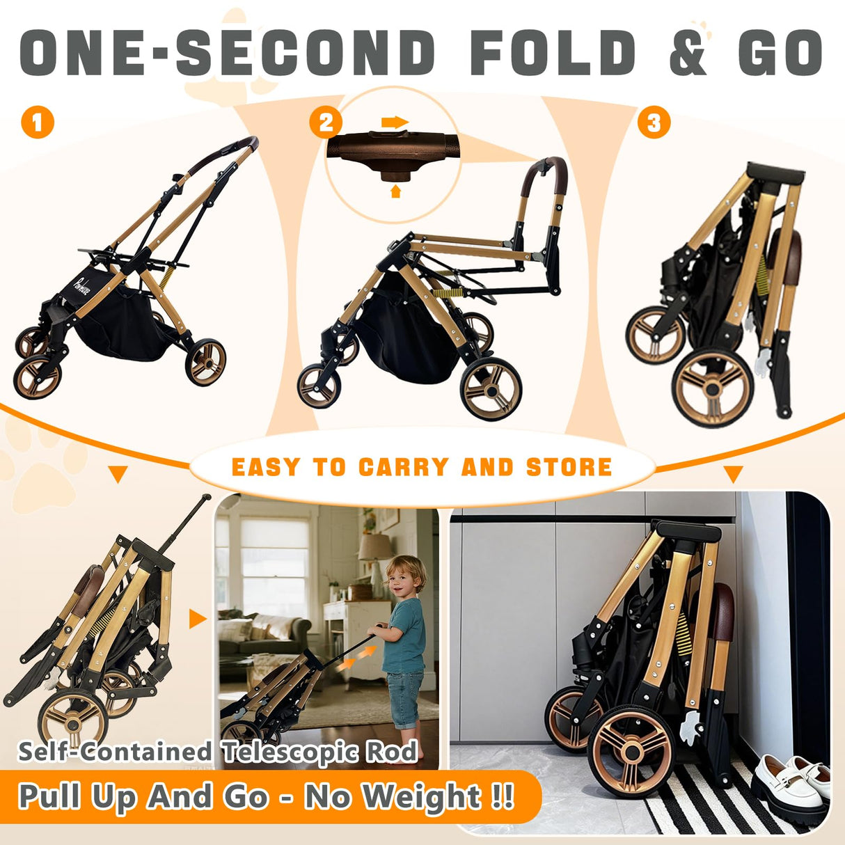 PawLuxe Dog Stroller, 4 in 1 Detachable Carrier & Car Seat, All-Terrain Wheels with Shock Absorption, Dog/Cat Strollers for Small/Medium Pets Up to 44 lbs, Lightweight Portable Foldable,Black