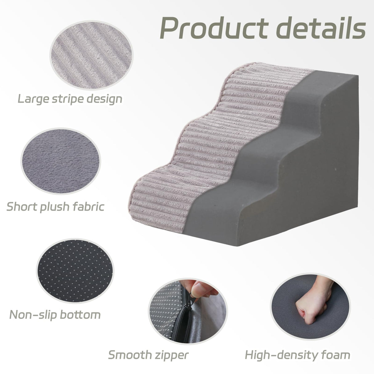 Laojin Balhen Dog Stairs for Small Dogs and Cats 18" H, High Density Support Foam Dog Steps Ramp for Bed and Couch, Pet Stairs with Non-Slip Bottom and Remove Washable Cover, 4-Step Pet Steps, Grey