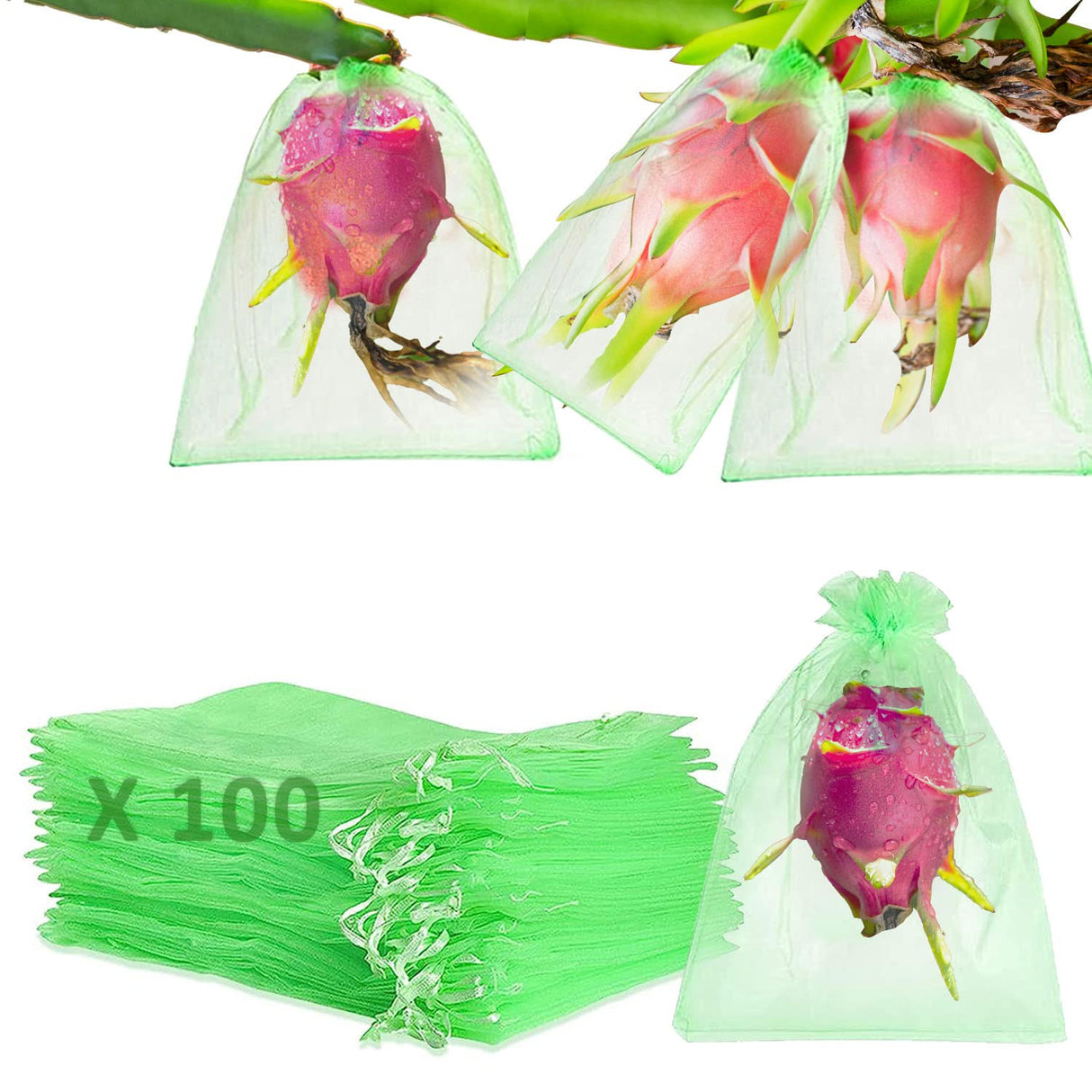 Toolifer 100 Pcs Fruit Protection Bags, 8''Γ12'' Vegetable Protection Bags Fruit Netting Bags with Drawstring, Fruit Tree Fruit Cover Bags Reusable Netting Bird Pest Barrier Bags for Garden Orchard