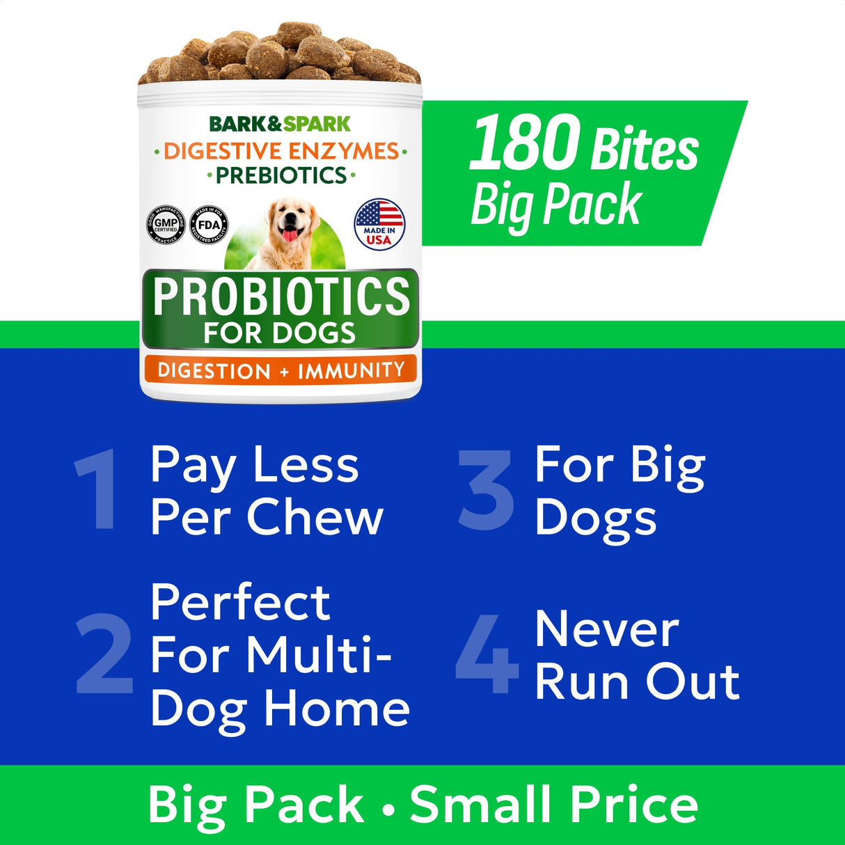 BARK&SPARK Dog Probiotics & Digestive Enzymes (Gut Health) Allergy & Itchy Skin - Pet Diarrhea Gas Treatment Upset Stomach Relief, Digestion Health Prebiotic Supplement Tummy Treat (180Ct Chicken)
