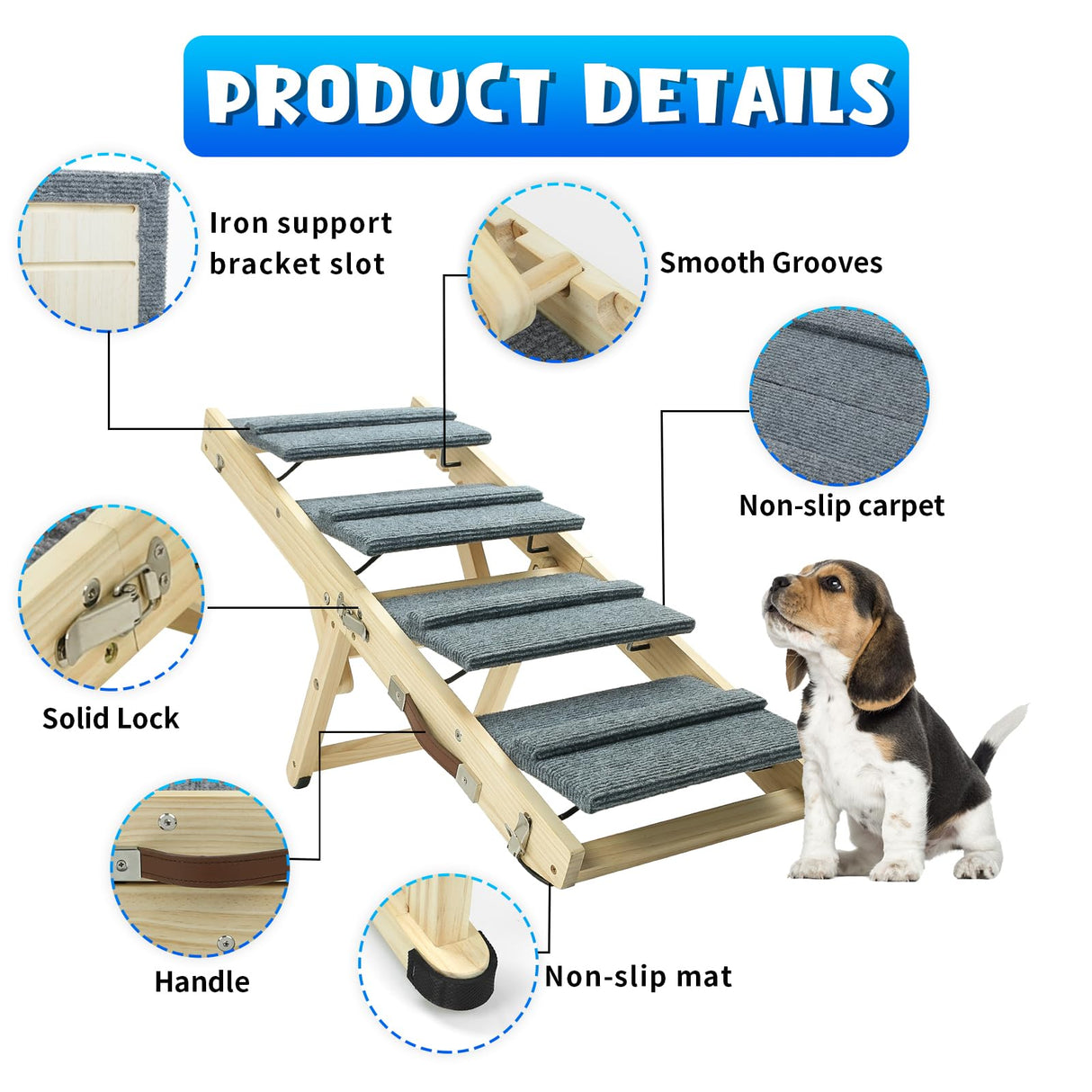 TNELTUEB Dog Ramp, 2-in-1 Dog Stairs for Small Dogs, 32.6" Long, Adjustable 8.5"-18" Pet Ramp with Non-Slip Traction Mat, Folding Portable Wooden Dog Steps for Bed, Couch, Car, Rated for 30 LBS (Grey)
