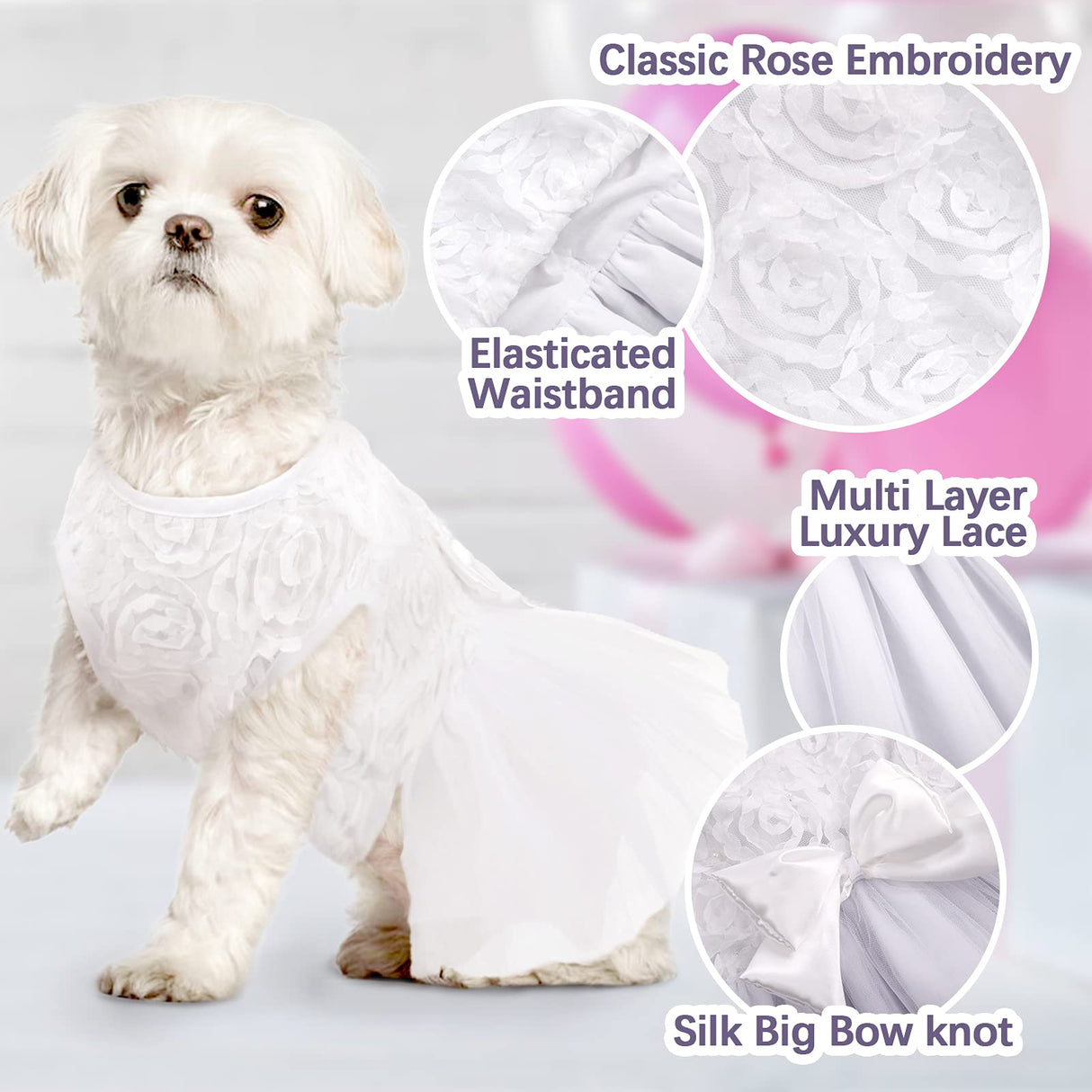 IDOMIK Dog Wedding Dress Puppy Bowknot Princess Skirt, Pet Bride Pure White Lace Tutu Formal Dress Flower Bubble Skirt Tulle Ruffle Sundress Vest Shirts,Birthday Party Costume for Small Dog Apparel XS