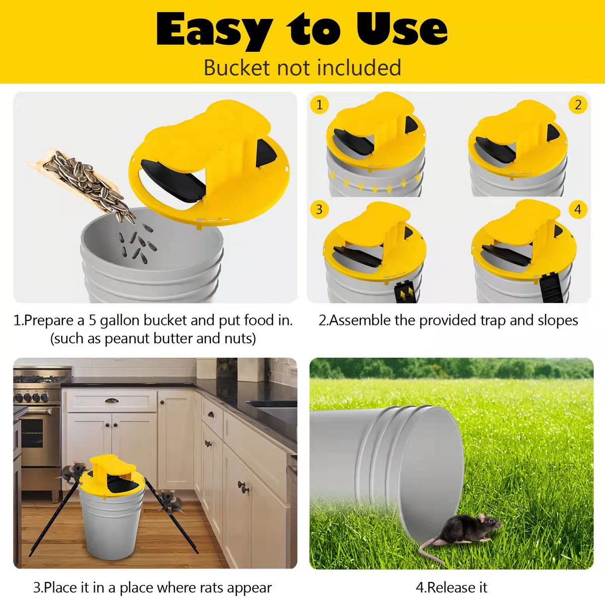 Mouse Trap Bucket ,Bucket Lid Rat Trap,Auto Reset Multi Catch Humane Rat Trap for Indoor Outdoor, Compatible 5 Gallon Bucket-2 Pack