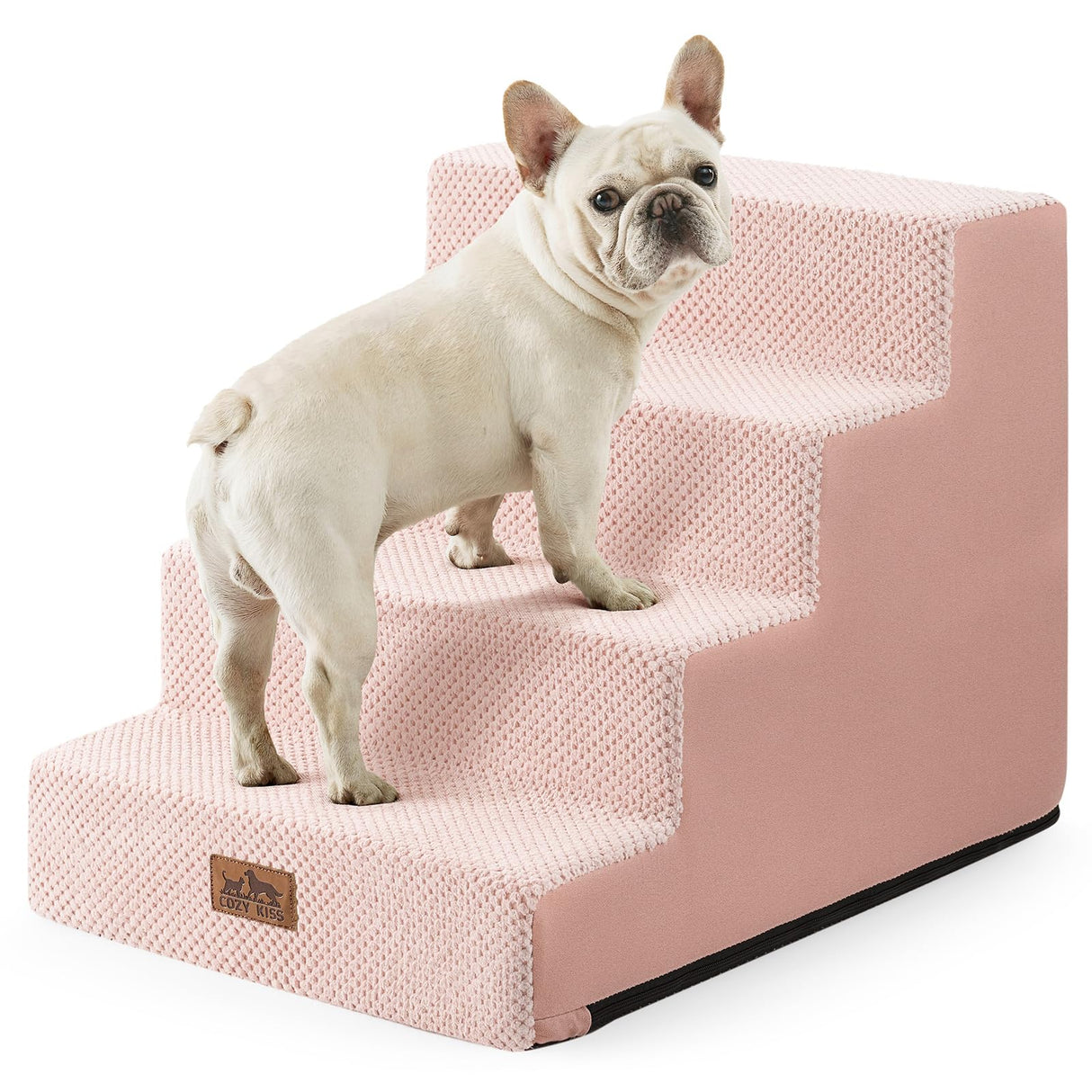 COZY KISS Dog Stairs for Small Dogs, 17.7" Extra Wide Right-Angle Pet Stairs for Couch and Beds, Anti-Slip Dog Steps for Old Cats and Lowrider, 17.7x23.6x17.7 inch, Pink