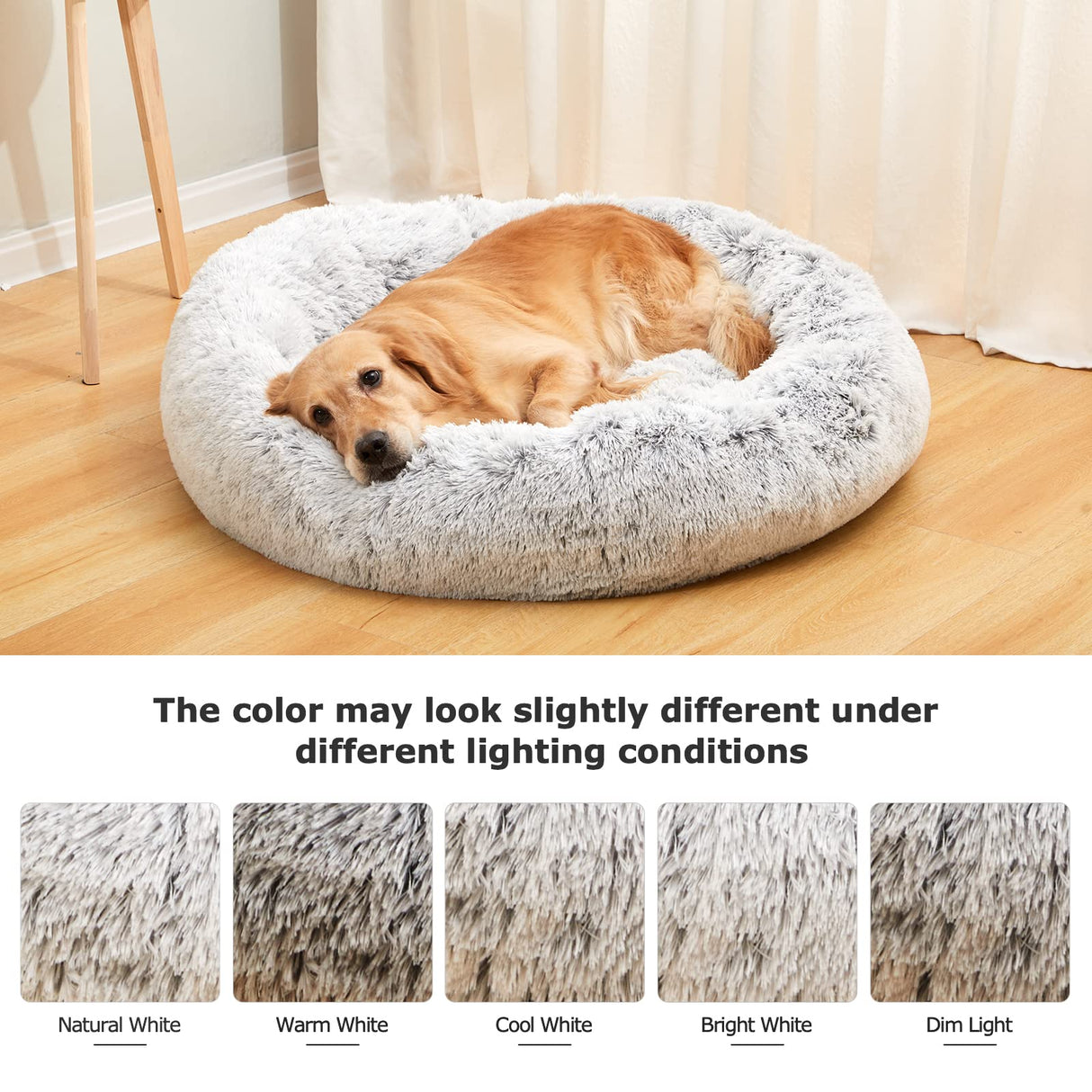Bedfolks Calming Donut Dog Bed, 23 Inches Round Fluffy Dog Beds for Small Dogs, Machine Washable Anti-Anxiety Plush Puppy Bed(Light Grey, Small)