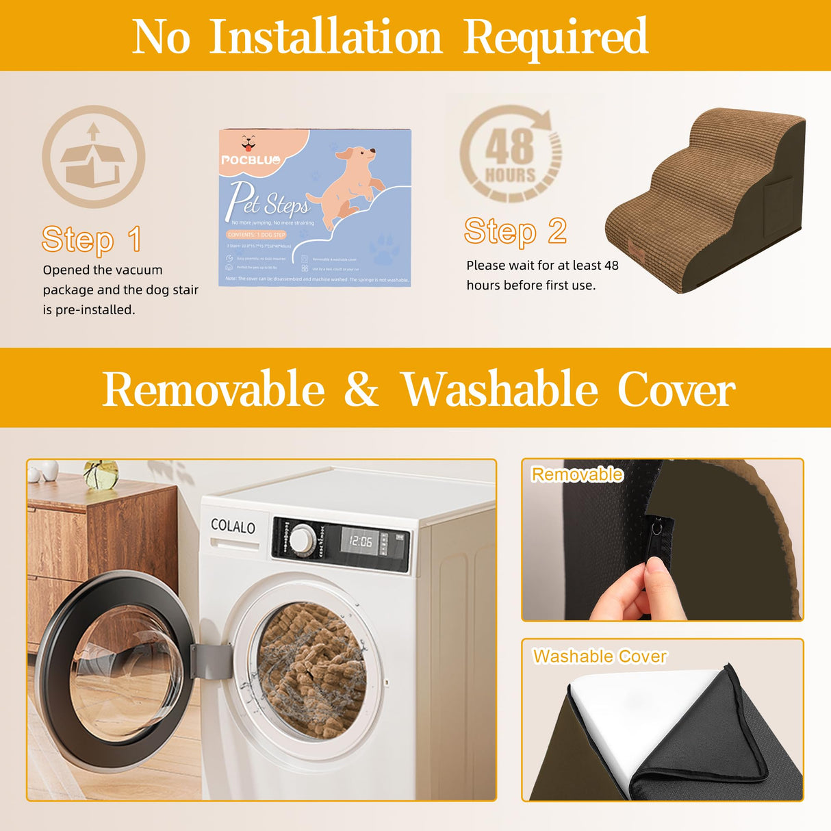 Dog Stairs for Small Dogs, Wide Pet Step with Removable Cover, No Assembly High Density Foam Cat Ramp for Bed or Sofa, 4-Step, Light Brown